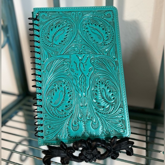 New Tooled Genuine Leather Diary Journal Notebook Boho Western Skull Turquoise - Picture 1 of 3